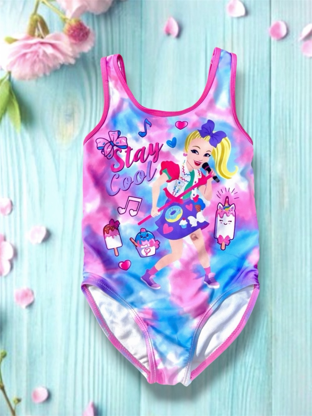 JoJo Siwa Girls Pastel Tie‑Dye “Stay Cool” Graphic One‑Piece Swimsuit XS (4–5)